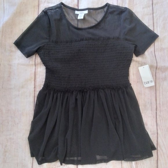 Bar III sheer black smocked peplum top size S NWT - Picture 2 of 4